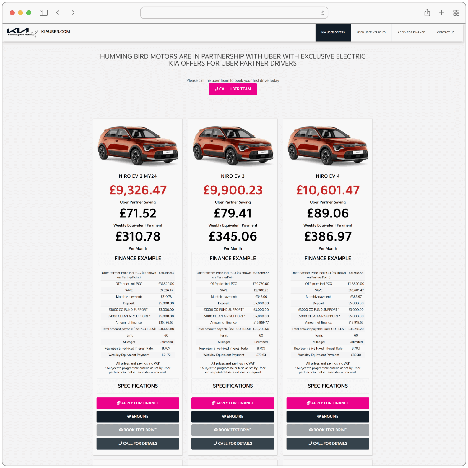 Kia Uber Website Screenshot